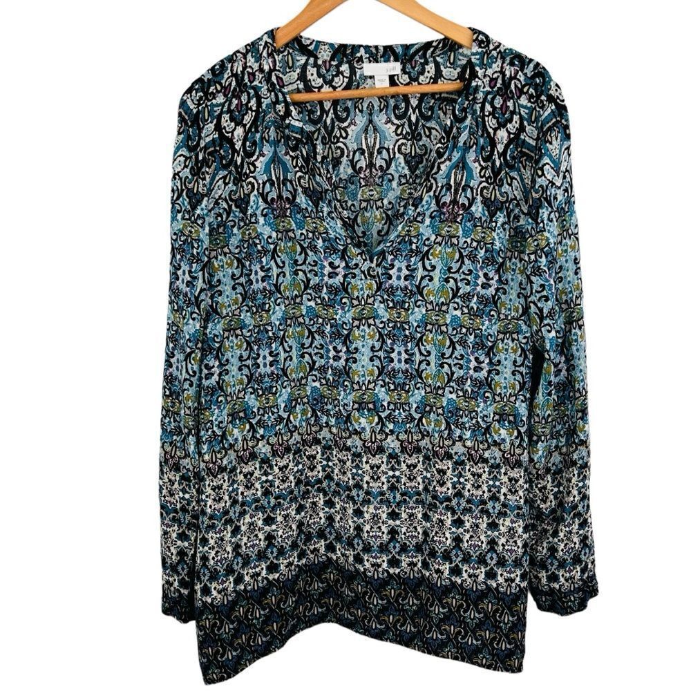 J. Jill turquoise and green printed split neck lightweight tunic top size large
